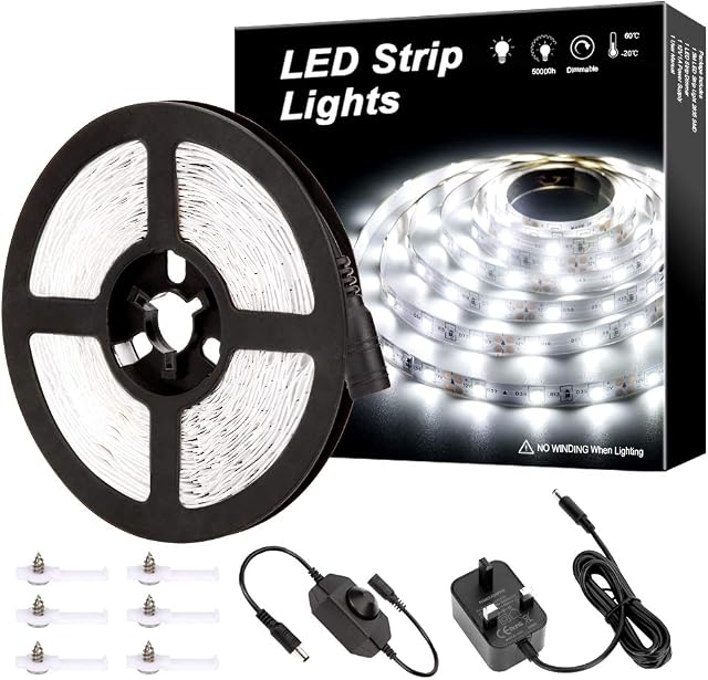 MH 5M Dimmable LED Strip Lights Kits, 12V Tape Light, 300 2835 LED, 16.4ft 6000K Daylight White Ribbon with Power Adapter, Light Strips for Under Bed, Vanity Mirror, Cabinet, Kitchen, Non-Waterproof