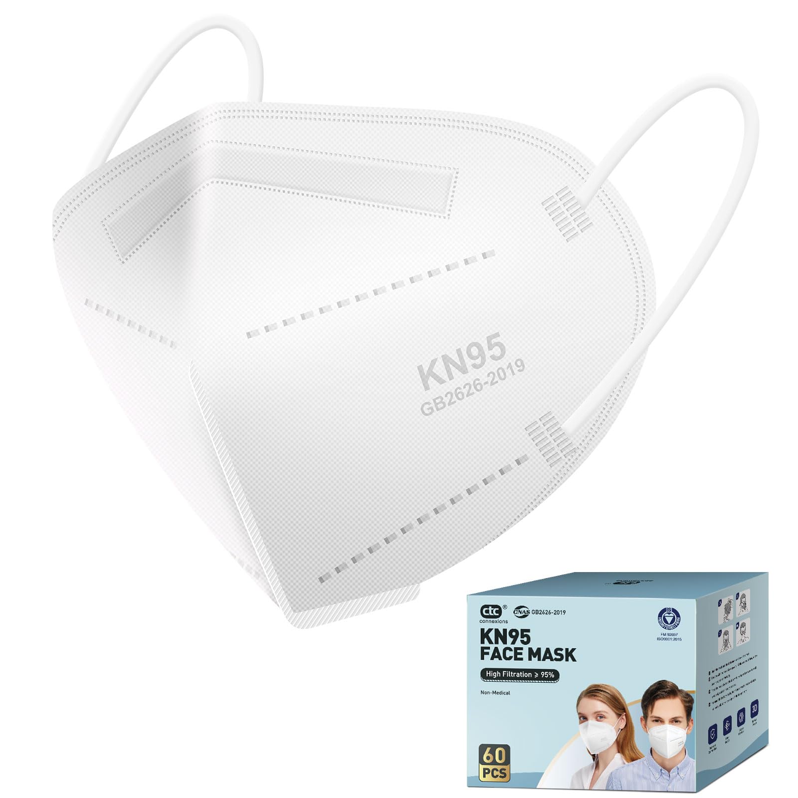 CTC Connexions KN95 Face Mask 60 Pack 5-Ply Cup Design Elderly Protection against Dust and Particles Elastic Ear Loop an 