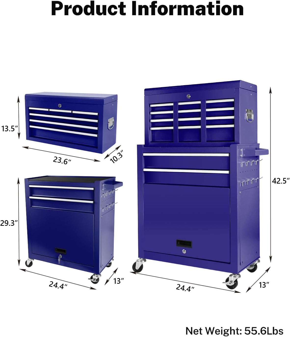 Diagram showing the dimensions of the top and bottom units, and the combined tool chest