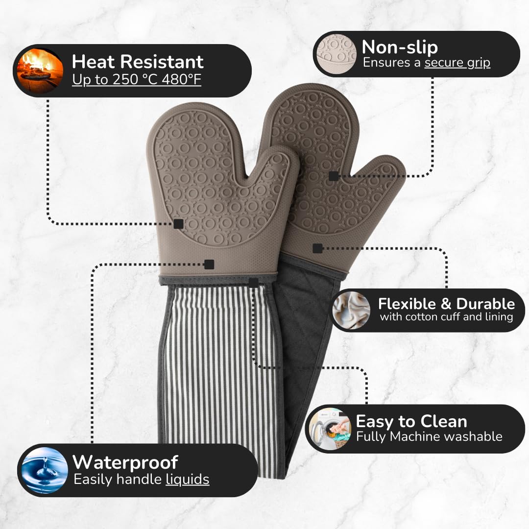 Silicone Double Oven Gloves Grey Stripe Steam Proof, Waterproof Heat Resistant (Upto 250C/480F). Safe From Boiling Water & Hot Oil. Machine Washable, BPA & Phthalate Free. 5 Year Guarantee. - Image 3