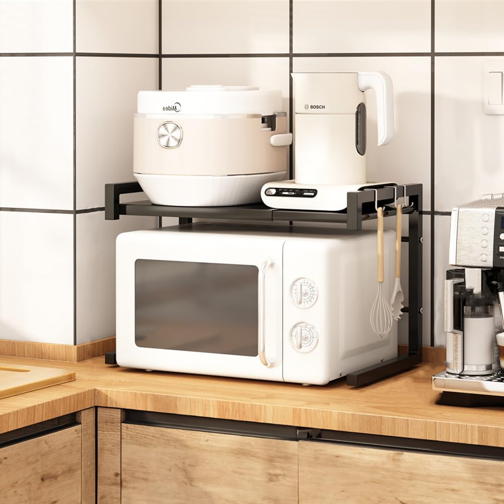 BTGGG Étagère extensible à 2 niveaux en métal pour four à micro-ondes - Support de boulanger de cuisine - Organiseur de rangement avec 4 crochets - Capacité de charge de 20 kg