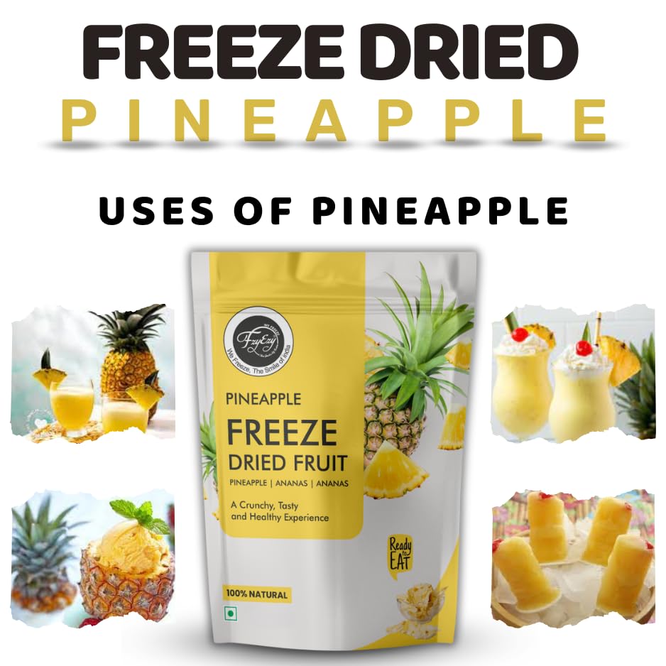 Image of FzyEzy Healthy Premium Freeze-Dried Pineapple Fruit Slices | Pantry Groceries Dehydrated Perfect for Healthy Snacking, Candy, Baking, Smoothie, Juice, Cake, Ice cream, Cereal | Promotes Good Digestive Health | Ideal Slices for Kids & Adults (150g)