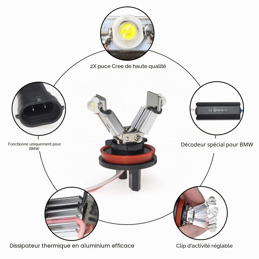 Biqing H8 LED Angel Eyes,12W Phare Angel Eyes LED Feu de Position Ampoules Phares Avant avec CANBUS pour E82 E87 E90 E91 E92 M3 E93 E60 E61 E63 E70 X5 E71 X6 E89 Z4