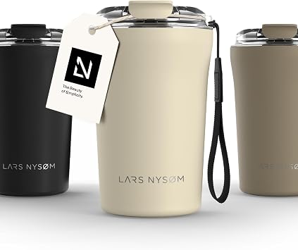 LARS NYSM Thermo Coffee Mug to go with Strap 13oz | Travel Mug 0.38 Liter with Insulation | Leak Proof Stainless Steel Thermal Tumbler for Coffee and Tea to Go Almond Beige, 12.9 oz