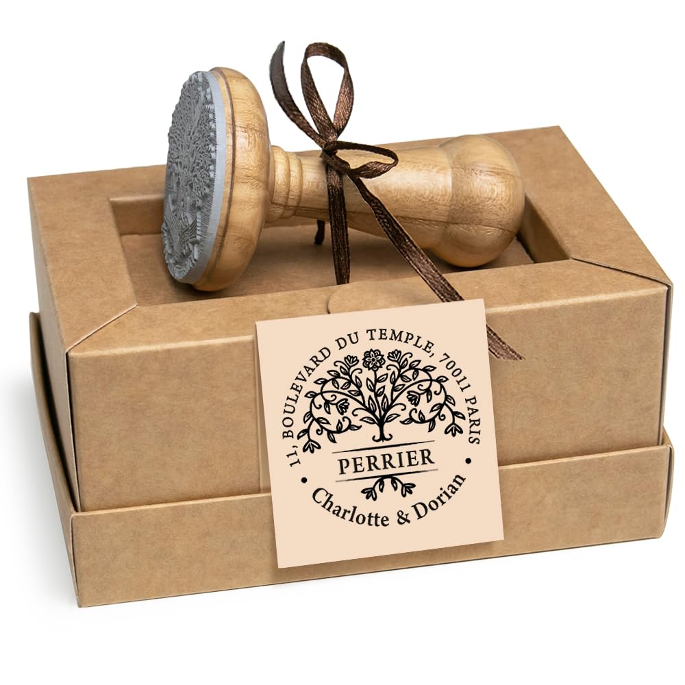 Albero della Vita Famiglia Timbro Indirizzo di Casa Personalizzabile, Fiore Ramo di Albero, Fatto a Mano Regali Originali in Scatola Speciale