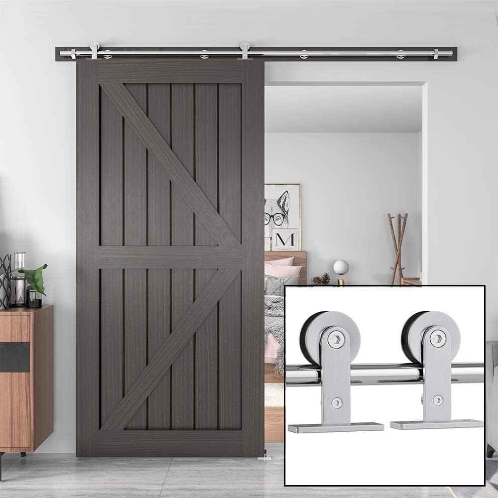 WINSOON 5FT Basic Black Wheel Roller Garage Closet Carbon Steel Double Wood Sliding Barn Door Hardware Kit Flat Track Heavy Bearing
