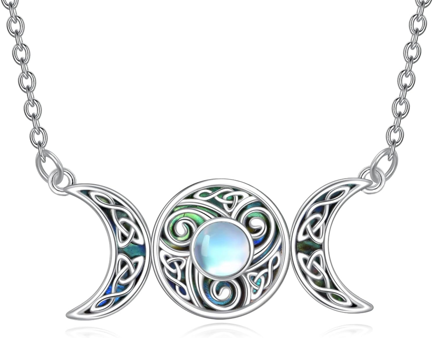 Triple Moon Goddess Necklace 925 Sterling Silver Celtic Knot Moonstone Pendant Wiccan Amulet Jewelry Gifts for Women