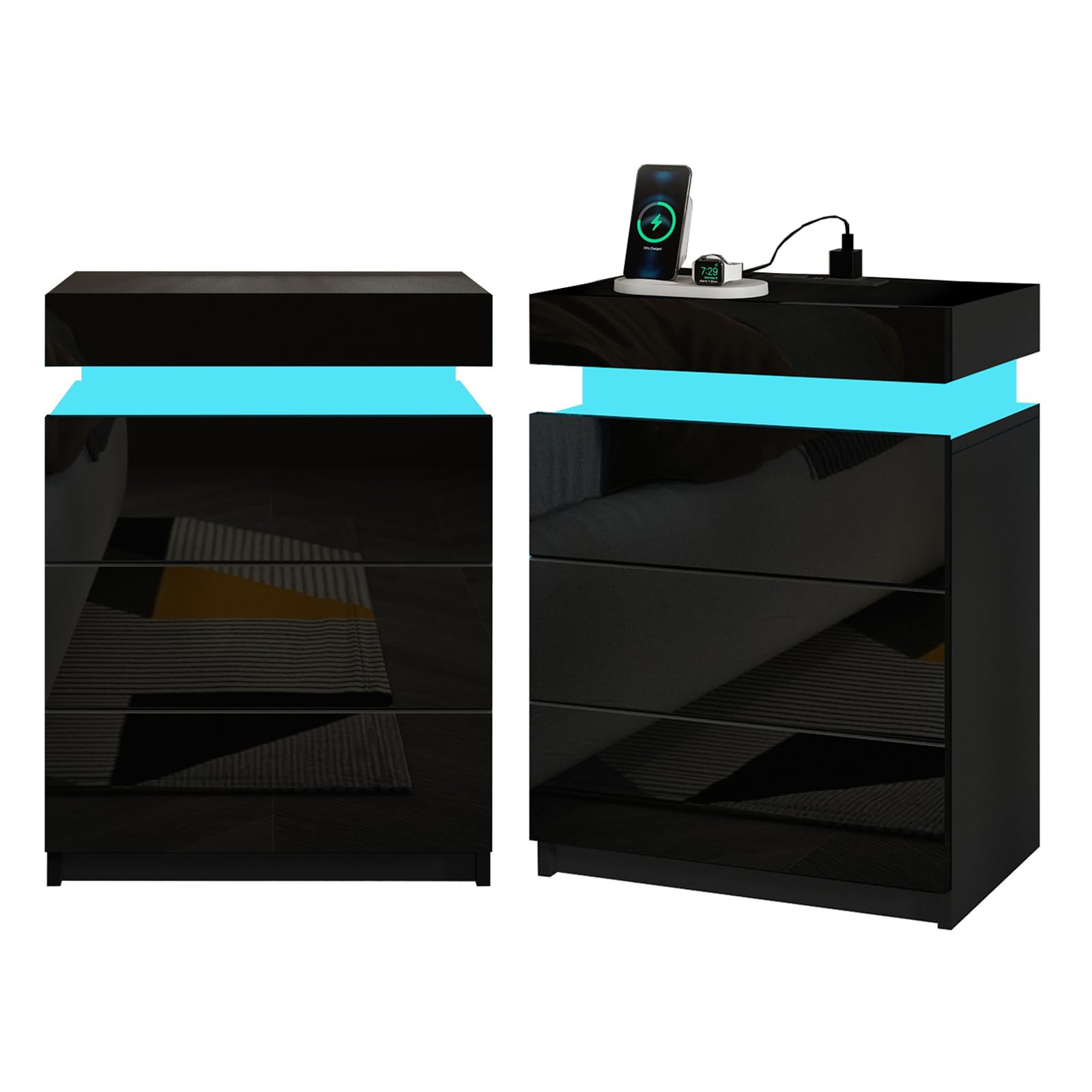 Senvoziii 2Pcs Black Bedside Table with Charging Station LED Light Nightstand High Gloss Bedside Cabinet Unit with 3 Drawers & Flip Cover for Bedroom Living Room
