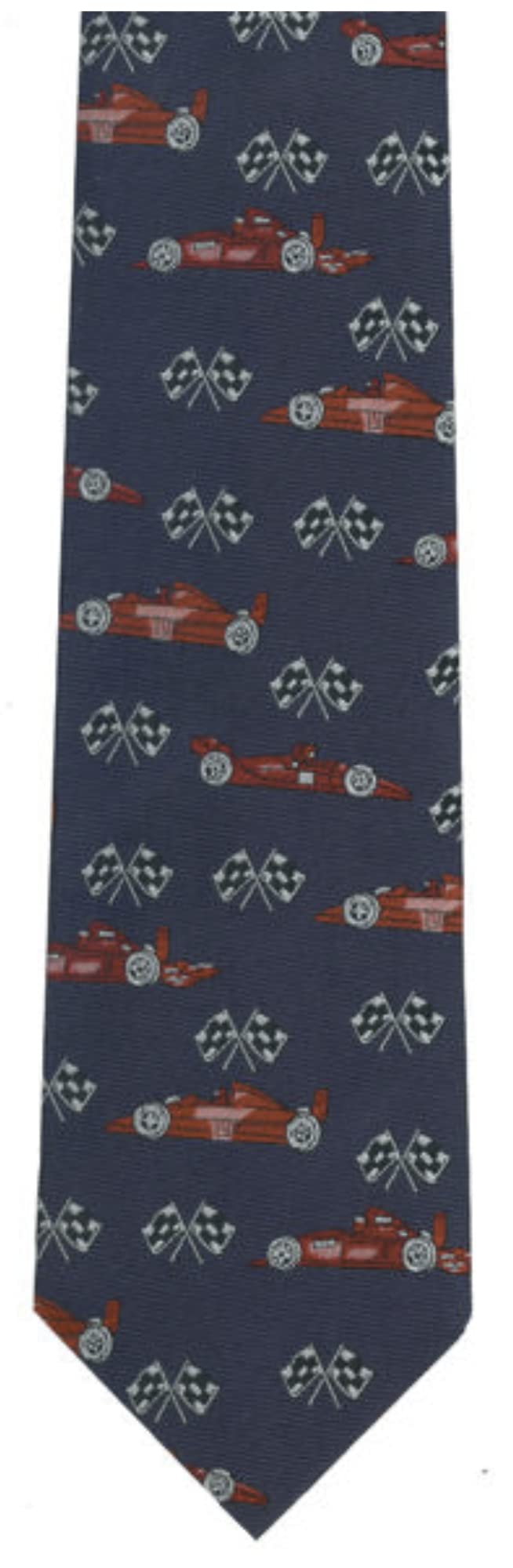 The Tie StudioPolyester Tie -Bright Red F1 Cars With Chequered Flags (1042P)