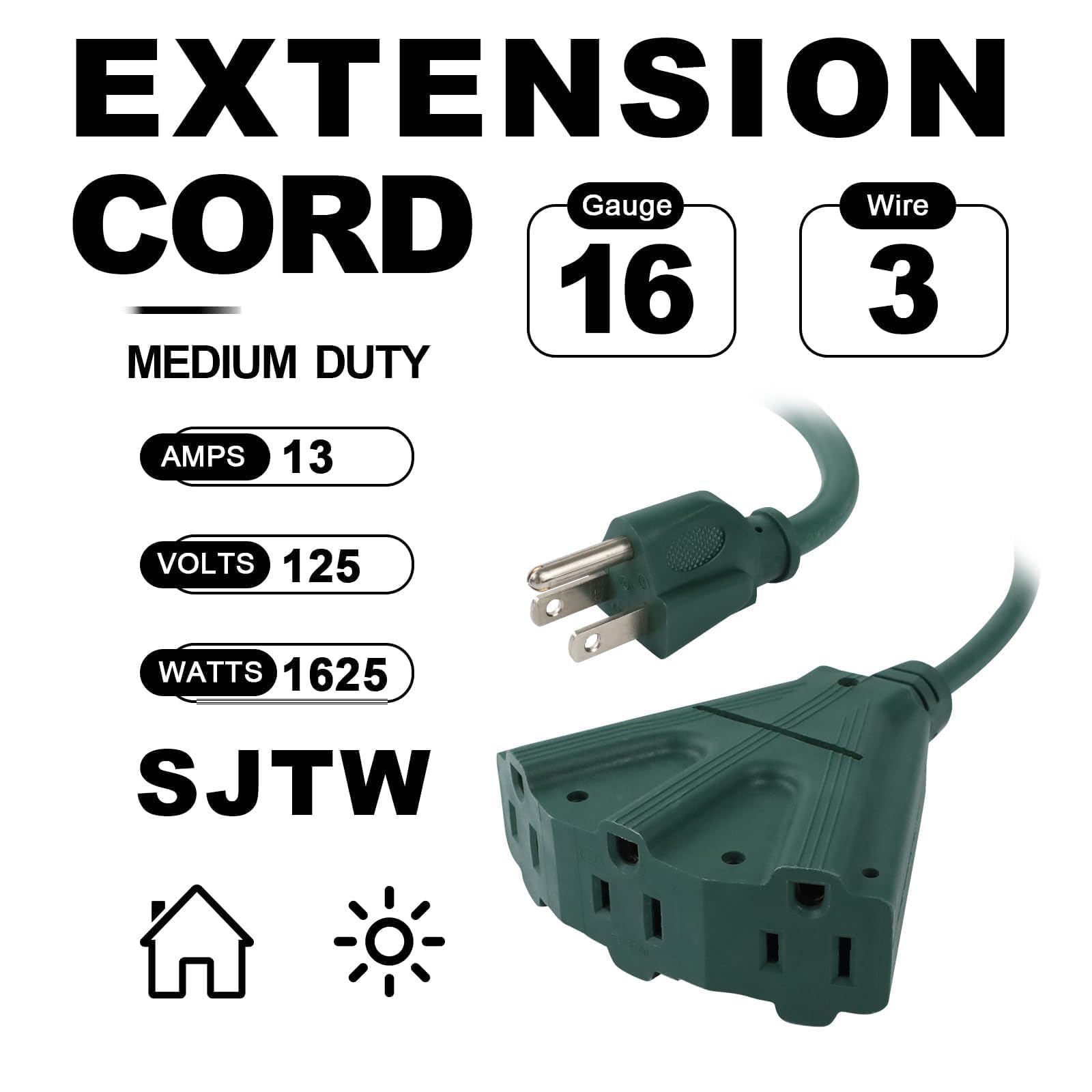 EP - Paquete de 2 cables de extensión para exteriores de 6 pies con 3 tomas de corriente eléctrica, cable verde SJTW de 16/3 con enchufe de tierra de 3 puntas para mayor seguridad, ideal para luces de