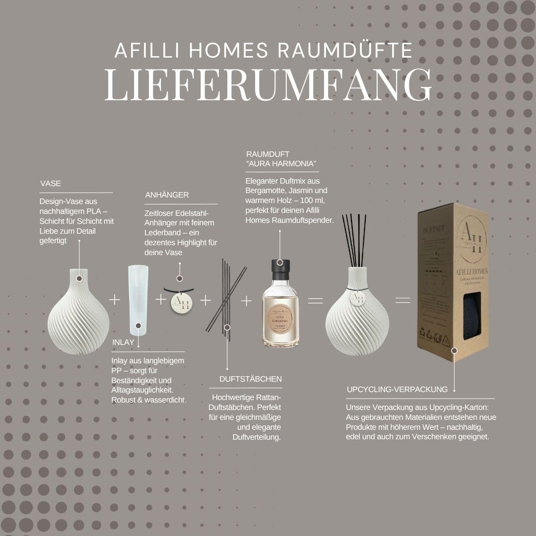 Raumduft Reed Diffuser „Vela“ – exklusiv mit Duftstäbchen & Duft, edler Duftspender & Design Duftvase, nachhaltiger 3D-Druck aus Österreich, luxuriöse Wohnzimmer & Bad Deko (olivgrün)