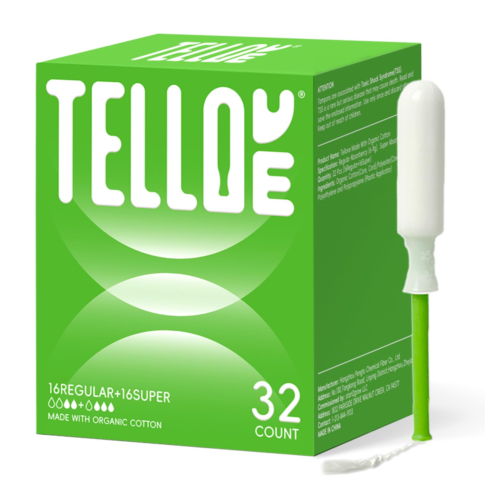 Tellove Tampons with 100% Organic Cotton Core, 32 Count(16 Regular, 16 Super), Featuring 360° Comfort-Expand Technology with BPA-Free Applicator,