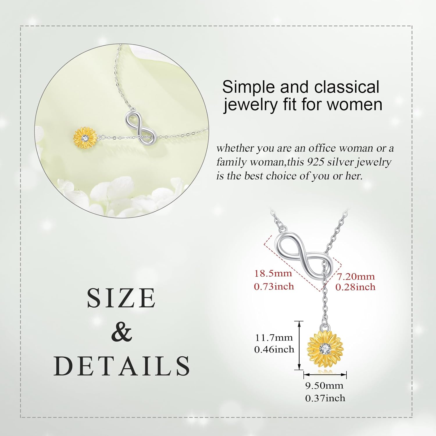 Sunflower Necklace for Women 925 Sterling Silver Sunflower Infinity Symbol Jewelry Pendant Birthday Gifts for Her