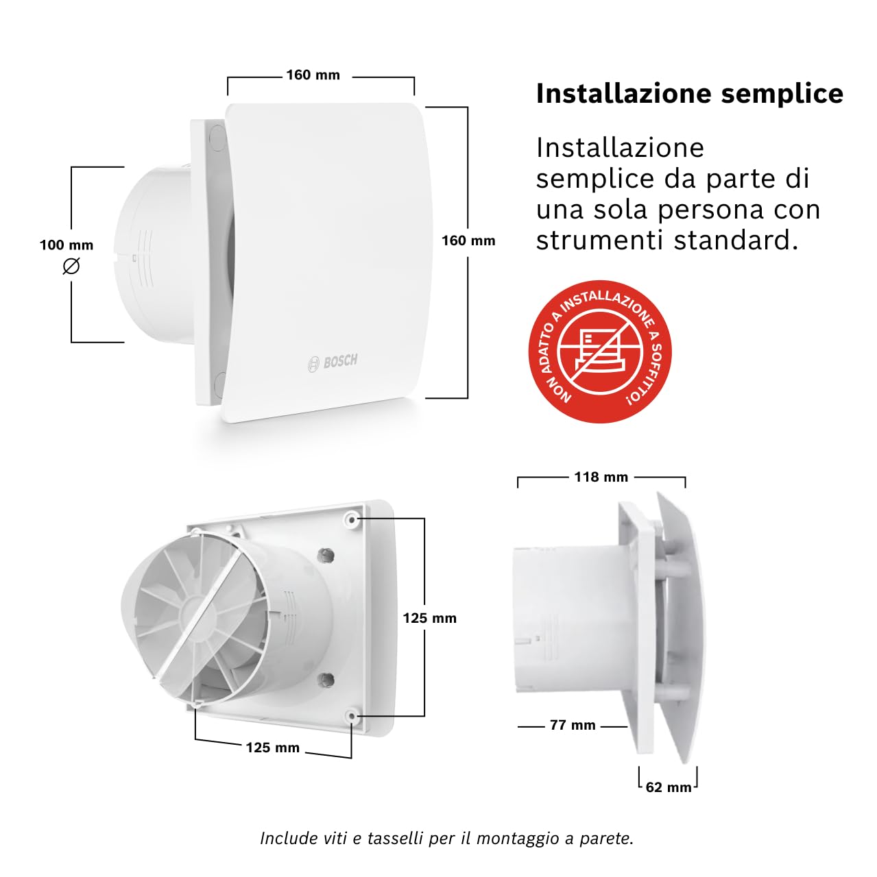 Bosch Aspiratore da bagno 1500 DH 100mm - Per la ventilazione in bagno e WC, contro umidità e muffa - Con umidostato e timer - 100 mm di diametro