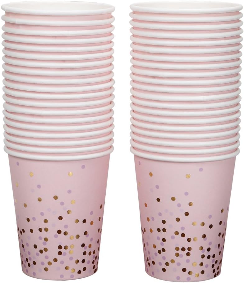 Geeklife Gold Pink Dots Paper Cups,40pcs Sparkly Gold Foil Disposable Paper Cups 9oz for Wedding,Baby Shower,Birthday Party and Anniversary Dinner