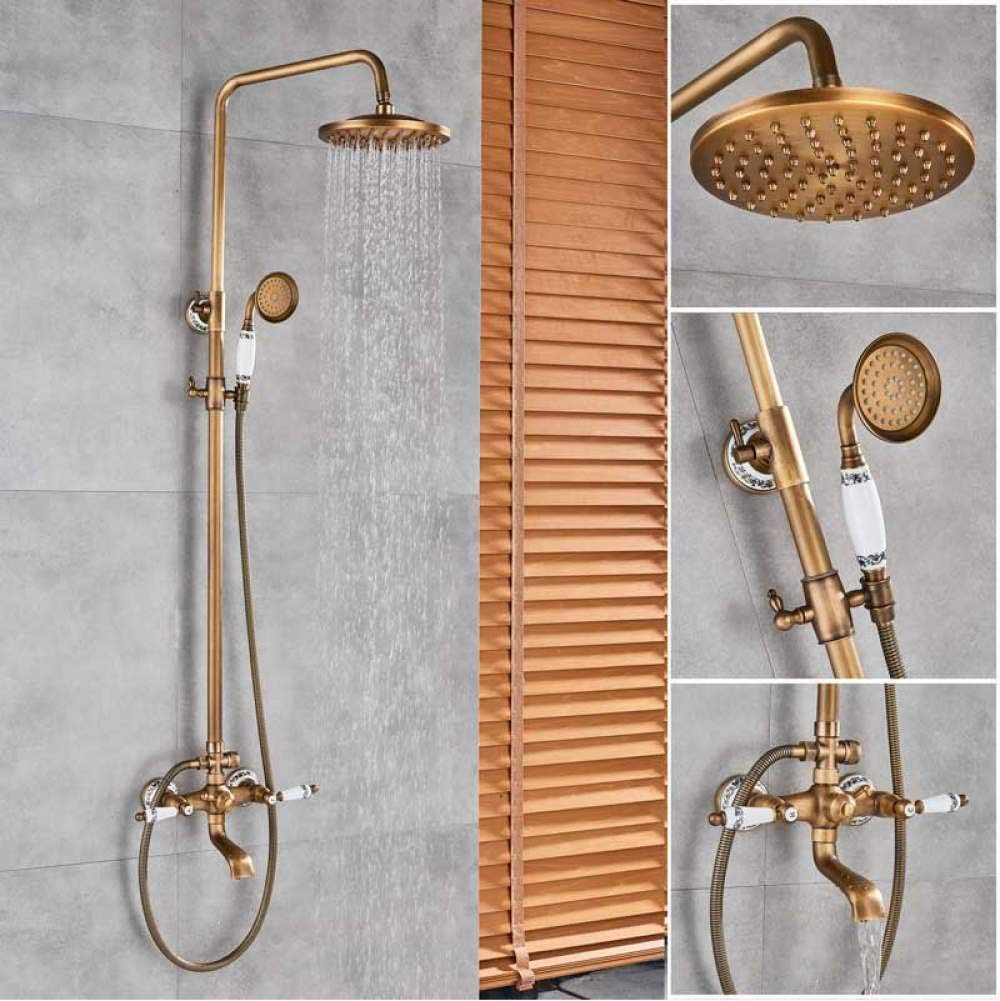 OZBMA Luxury Shower Faucet Set Dual Handle 8 Rainfall Bathroom Mixers with Handshower in Wall System Bath Column,Antique Beauty Comes (Antique Shower Set)
