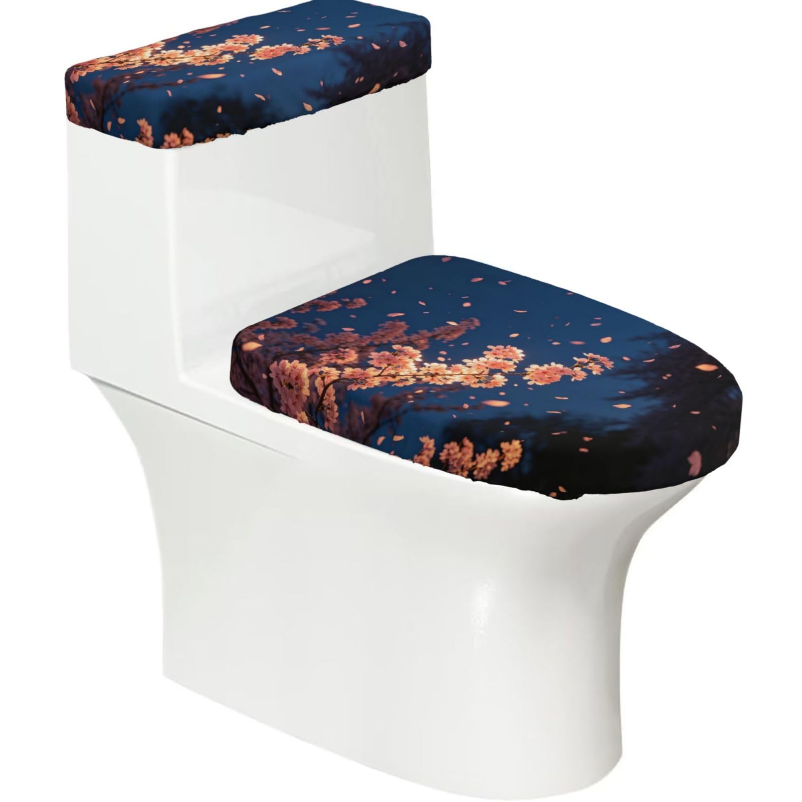 Cntdbu Black Night Cherry Art Elastic Toilet Cover Set Of 2-Stretchy Lid And Tank Covers For Bathroom, Soft Washable U Shape Toilet Decor