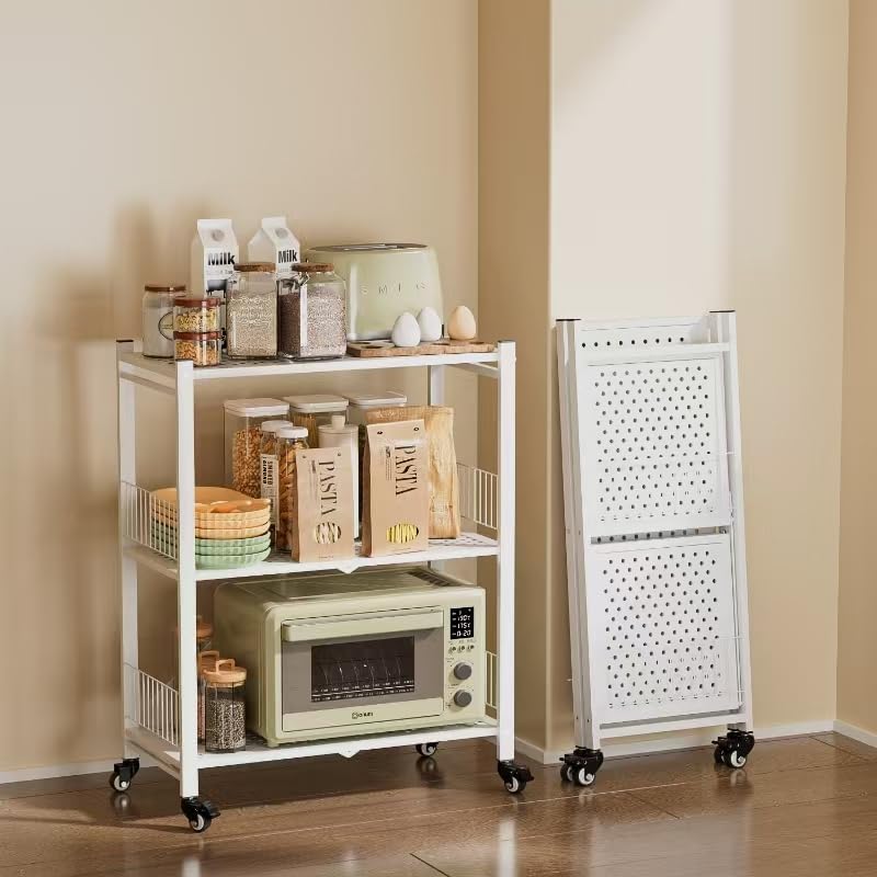 Folding Storage Shelves, 3-Tier Metal Foldable Shelf Shelving Rack Organizer On Rolling Wheels in Kitchen Warehouse Patio Pantry Basement Collapsible Shelves No Assembly (White, 3-Layer) White/3-tier