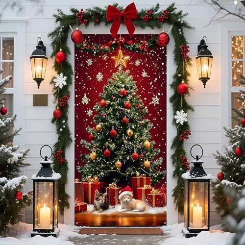 Christmas Door Cover Xmas Banner 70.8 x 35.4 inch Hanging Front Door Cover Christmas Decor Backdrop Santa Background for Home Winter Holiday Christmas tree-cat