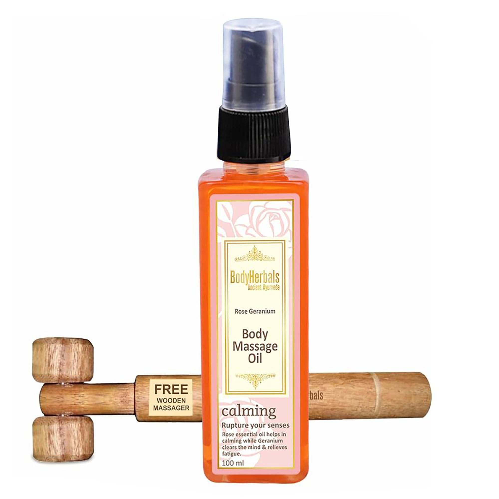 BodyHerbals Calming Rose Geranium Body Massage Oil (100 ml) with Wooden Massager | Enriched With Rose, Almond, Amla | Detox, Tone & Reduce Cellulite | 100% Vegan, Parabens & SLS Free |For Men & Women | All Skin Types-image-48