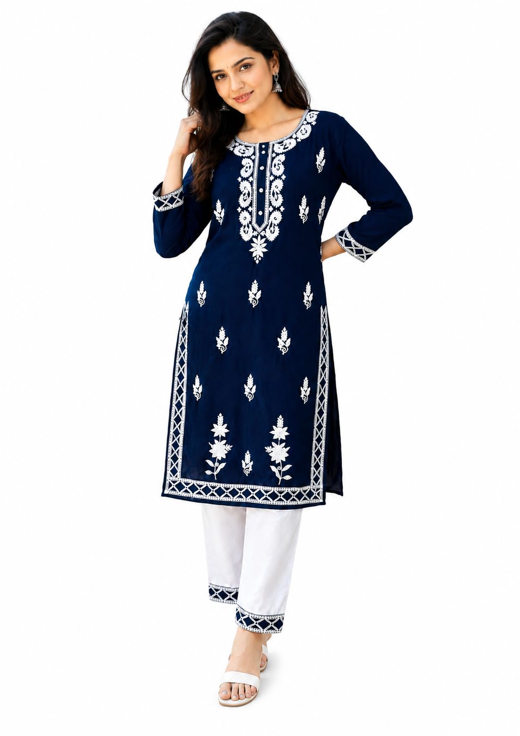 Women's Navy Blue Embroidered Straight Kurta with White Pant Set | 3/4 Sleeve Ethnic Wear | Regular Casual & Office Wear-image-26