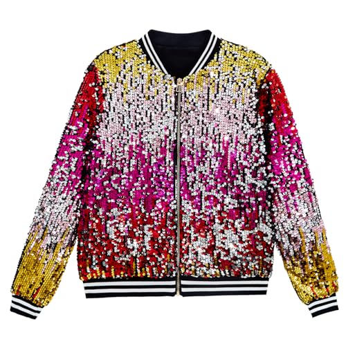 Image of YIYI Mens Sequin Jacket Bomber Sparkly Striped Varsity Glitter Jacket Male Party Outwear Coat Birthday Holiday Clothes