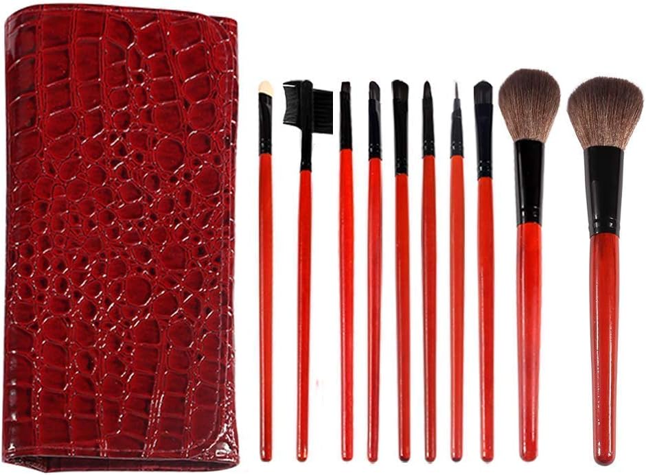 Diolan Makeup Brush Set 10 Piece Wood Handle Premium Synthetic Face Foundation Powder Concealer Eyeshadow Eyeliner Cosmetics Make up Brush Kit Pu Case for Beginners Travel - Red Bag …