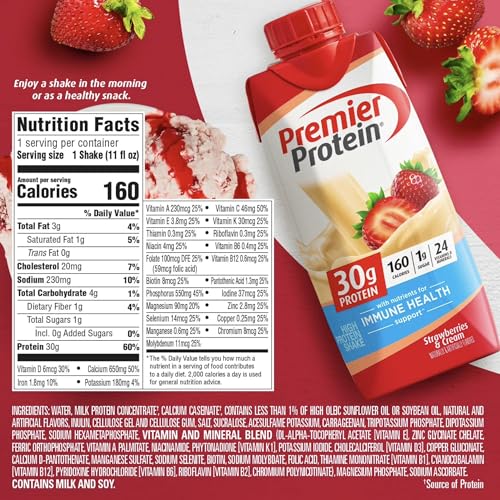 Image of Premier Protein Shake, Strawberries & Cream, 30g Protein, No Added Sugar, 24 Vitamins & Minerals to Support Immune Health, 11 fl oz, 15 Pack (Packaging May Vary)