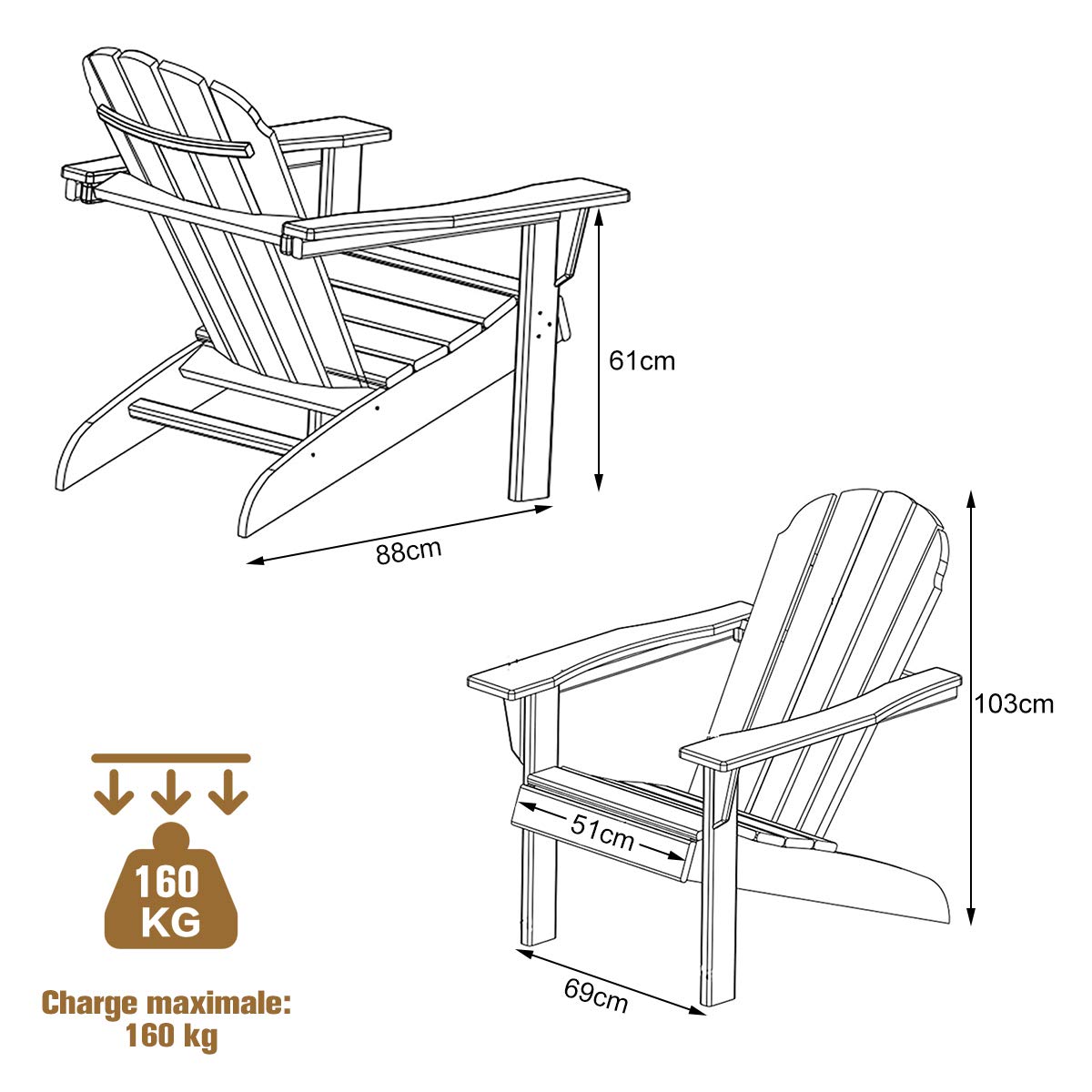 GOPLUS Fauteuil Jardin Exterieur avec Dossier Incurvé, FSC 100%,Fauteuil Adirondack en Bois Massif, Chaise Adirondack, Charge 180 kg, Idéal pour Jardin, Terrasse, Piscine (69x88x103CM,Naturel,1)