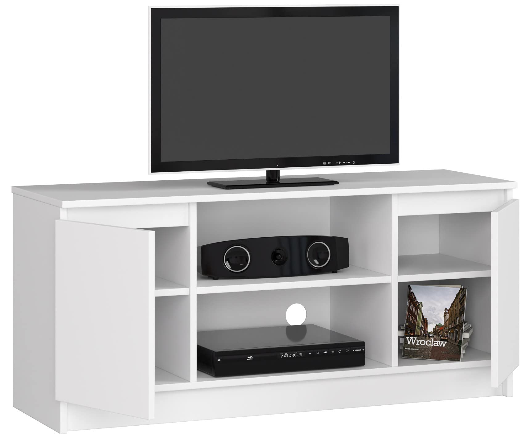 Home Collective Mobile TV largo 120 cm con due ante e due ripiani aperti, mobile TV, credenza bassa, camera da letto soggiorno in bianco