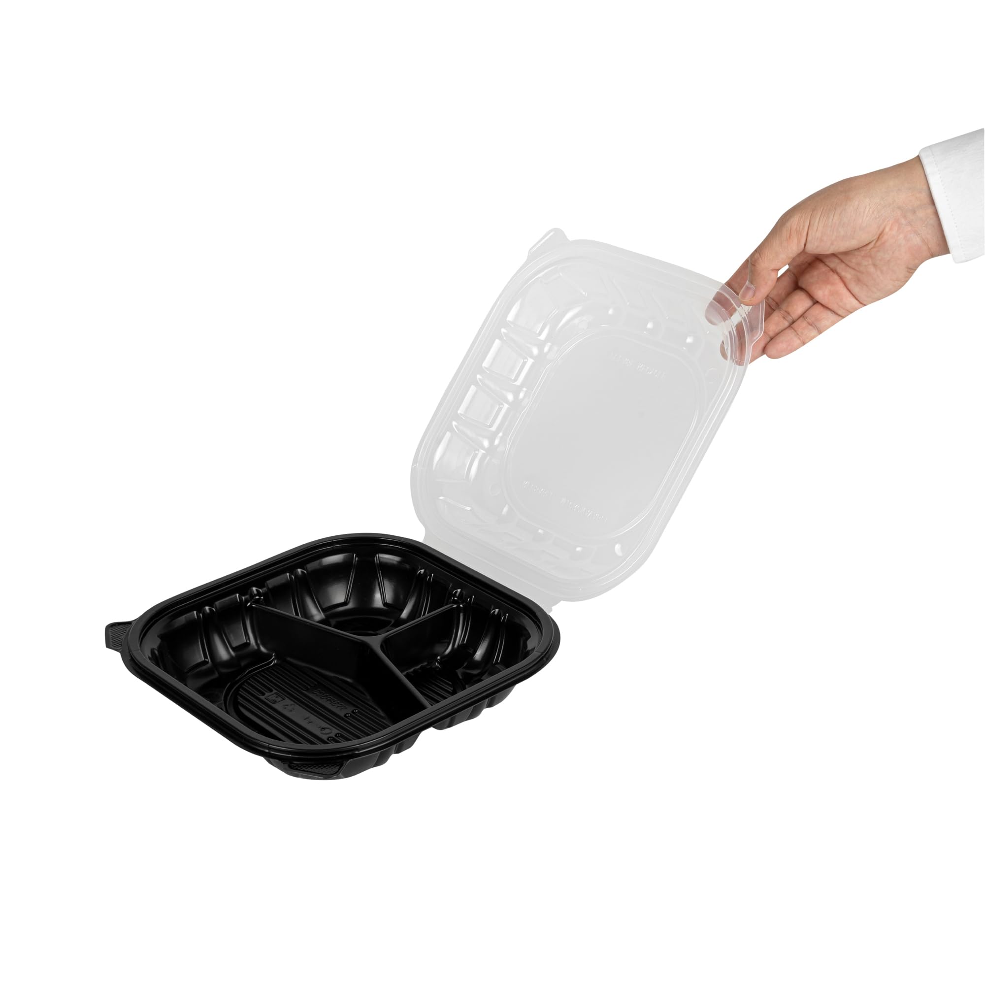 Restaurantware Thermo Tek pojemniki z klapką, 50 jednorazowych pudełek na wynos – 3 przegrody, wentylowane pokrywki, czarne plastikowe pojemniki do przygotowywania posiłków, nadają się do kuchenki