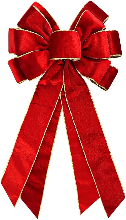 Valentine‘s Day Wreath Bow 20 x 11 Inches Large Wedding Bows Golden Trimmed Red Velvet Ribbon Bow Holiday Farmhouse Bow Tree Ornament Bow for Home Front Door Decorations