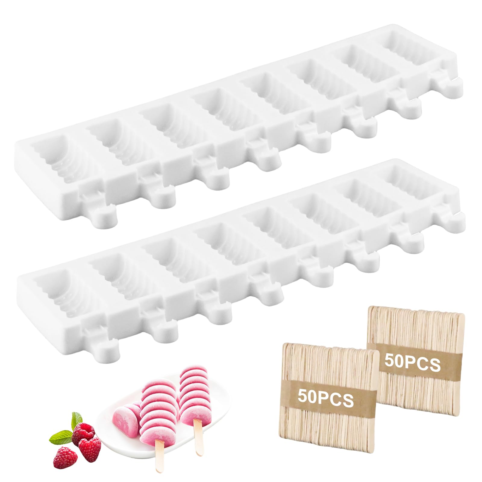 VLUVLA 2 Pieces 8 Cavities Popsicle Mould with 100pcs Wooden Sticks, Silicone Ice Lolly Moulds, Cakesicle Cake Pop Moulds, Reusable Popsicle Mould for Kids Adults Dessert Chocolate DIY