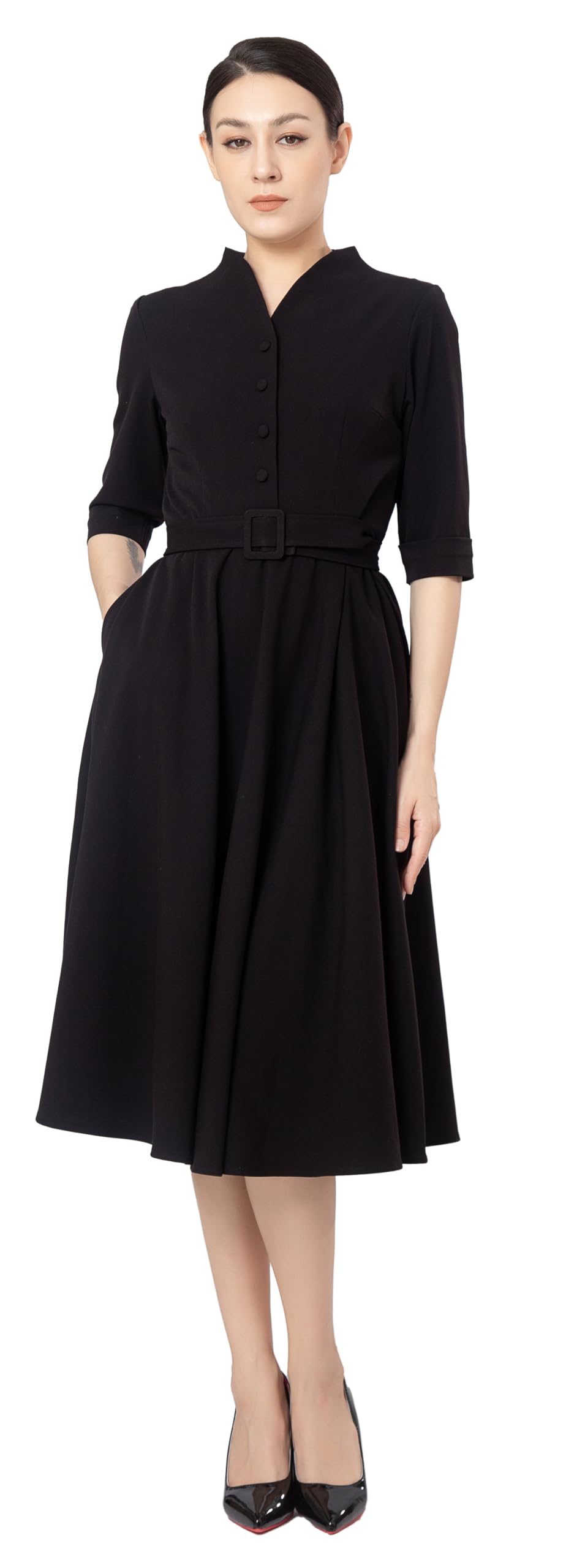 Vestido Midi Fit & Flare Tea con Botones Frontales para Mujer, Ideal para Oficina y Trabajo