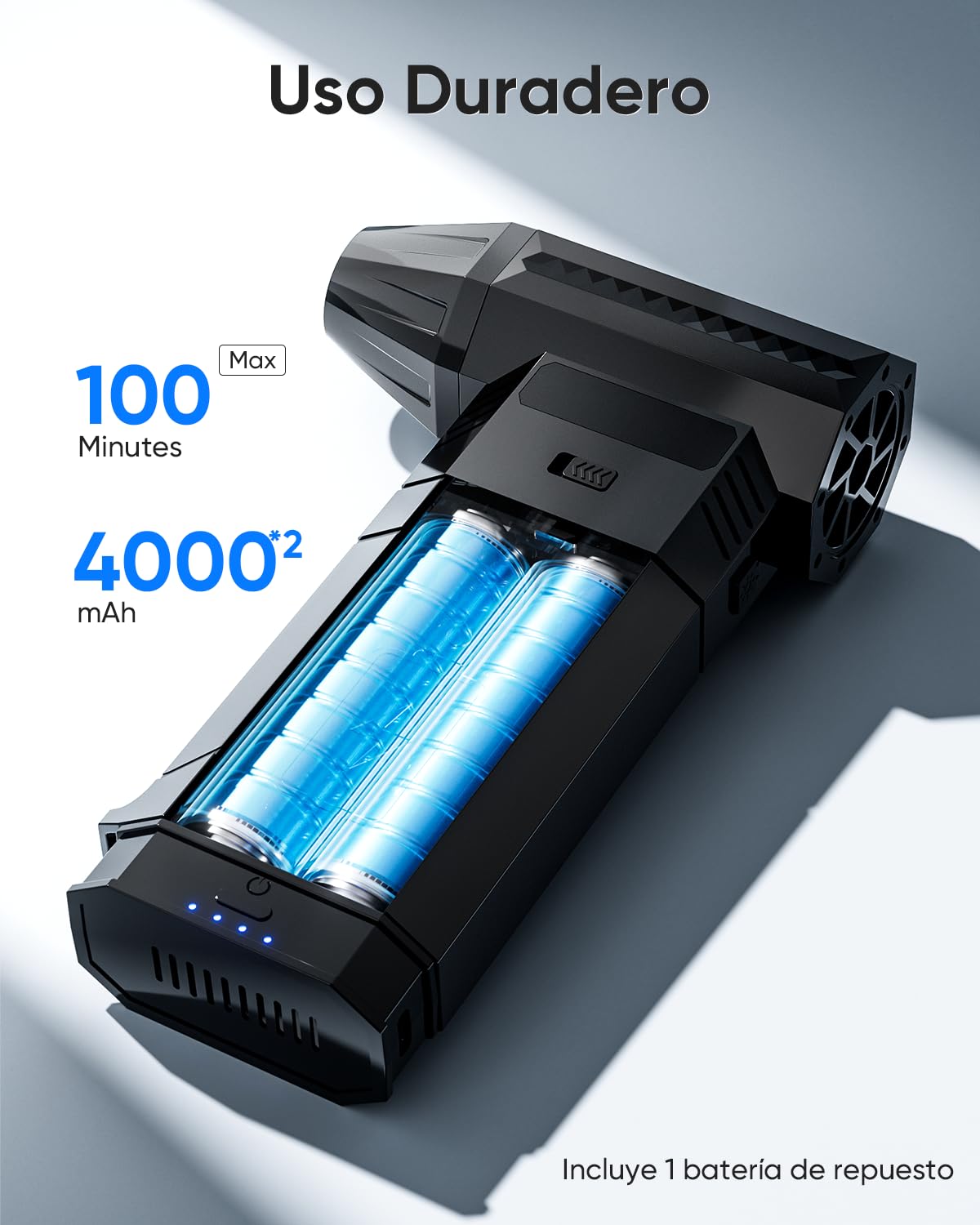 Soplador de Aire EléCtrico con 2 BateríAs Modulares, 2 Boquillas MagnéTicas, 3 Velocidades, Led – Soplador A BateríA a BateríA para Teclado, Pc, Coche Y Dispositivos ElectróNicos