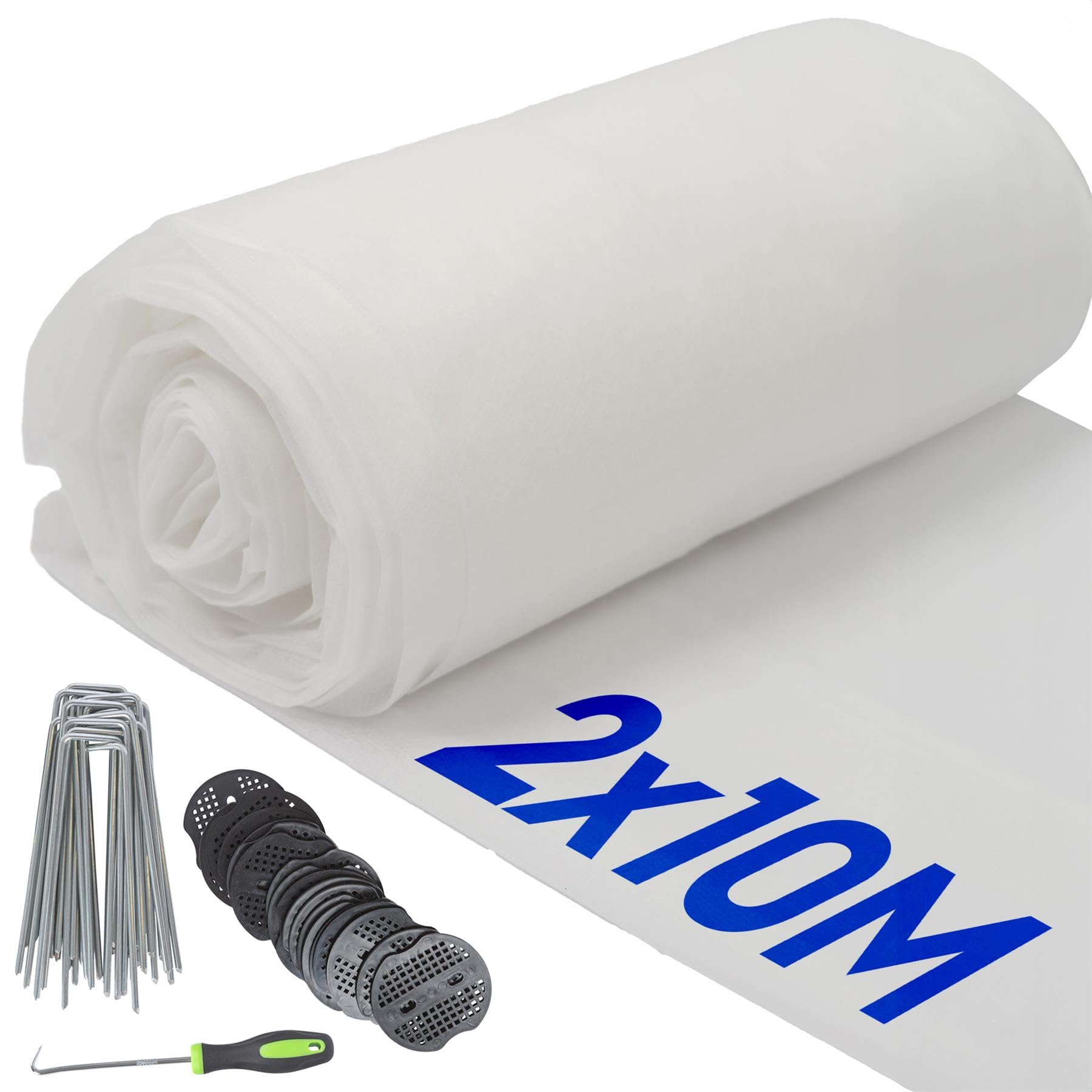 Harbour Housewares 30gsm Plant Fleece Frost Protection Set with Pegs & Plates - 2M x 10M (1 Roll) - White - Horticultural Winter Wrap Cover Protector Netting for Outdoor Garden Plants, Trees, Grass