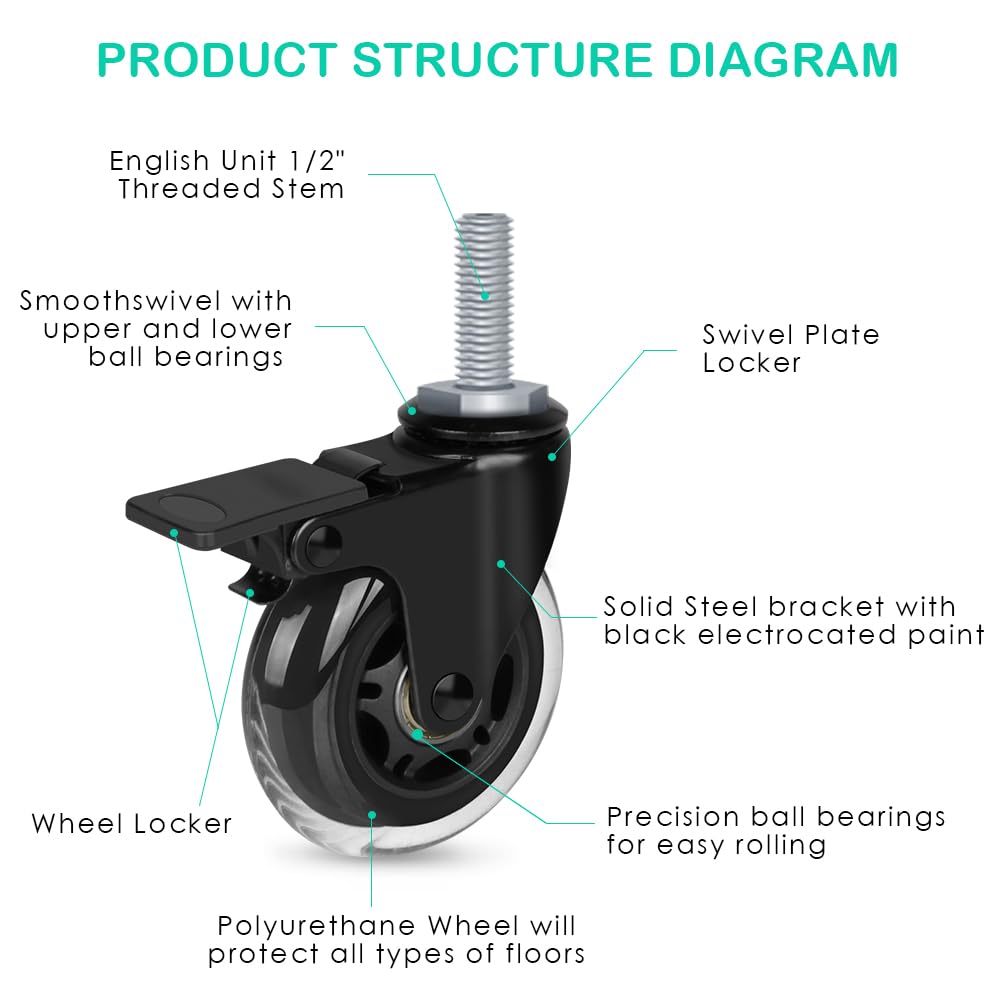 8T8 3 Inch Caster Wheels Heavy Duty with Brakes, Rubber Casters with 1/2"-13 x 1-1/2" Threaded Stem (Screw Diameter 1/2", Length 1.5"), Quiet and Smooth Rolling Castors, Set of 4