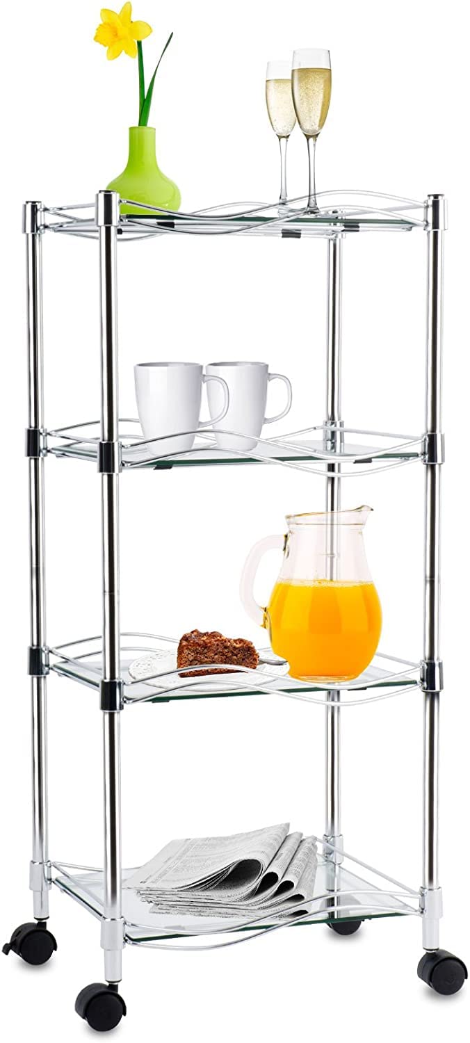 Estantería de cristal Luna | 4 niveles con ruedas | estantes de cristal de seguridad | estantería con ruedas para baño, salón o cocina (40 x 30 x 89 cm)