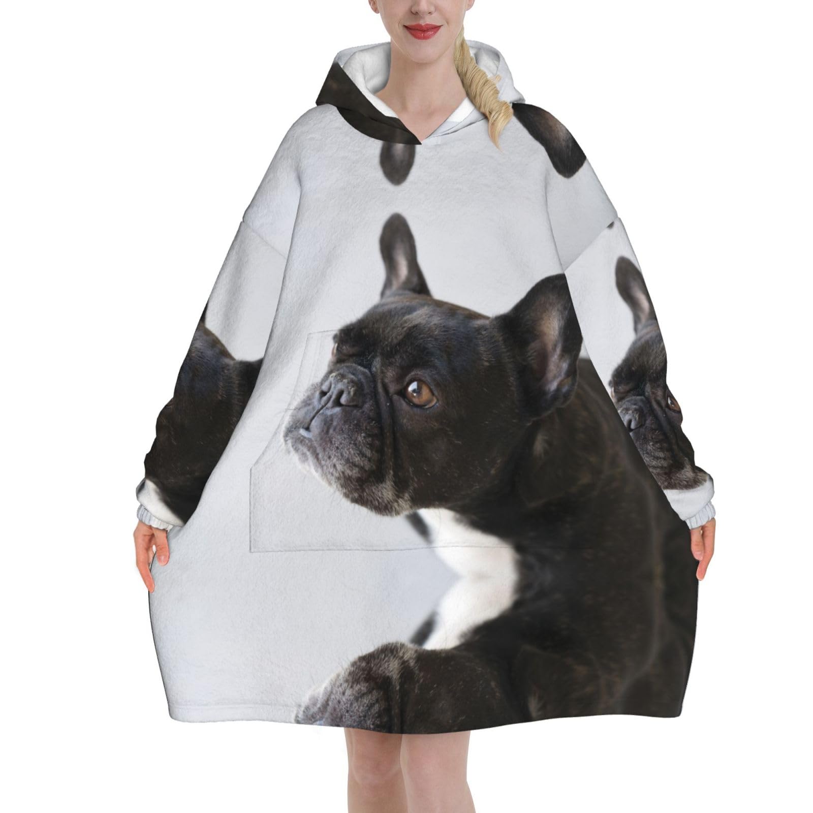 Poadnly Unisex As Picture Sweet Pet Cute Black French Bulldog Puppy,Women's Oversized Wearable Blanket Hoodie, Blanket Sweatshirt,Flannel Pullover Blanket