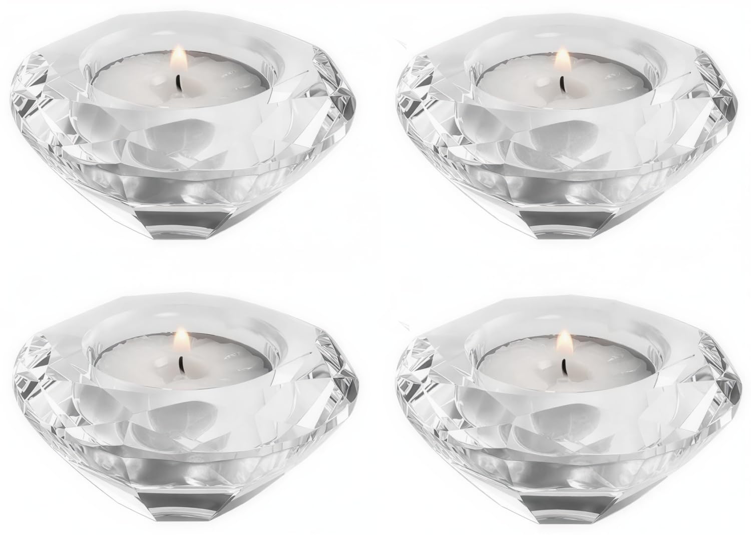 4 Pcs Clear Glass Tealight Candle Holders, Assorted Shapes, Fits Tea Lights With Diameter Up to 4cm, Perfect for Home Decor, Wedding, Party & Table Centerpieces (Diamond Shape)