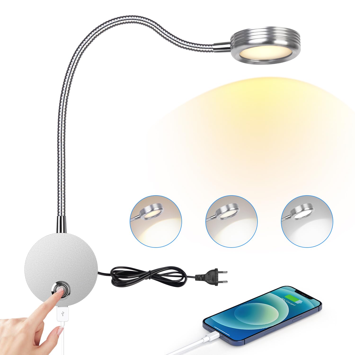 ERWEY 2-delige LED Wandleeslamp Met Zwanenhals - Touch Dimbaar 3 Kleurtemperaturen | USB Oplaadpoort - Zwart