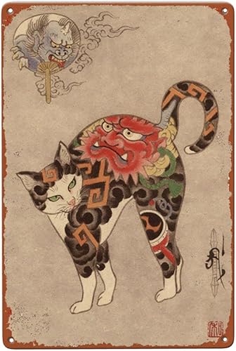 Cartel de metal vintage japonés ninja samurái tatuaje de gato de 5.5 x 8 pulgadas, pared de cocina para el hogar, placa retro para póster mural de