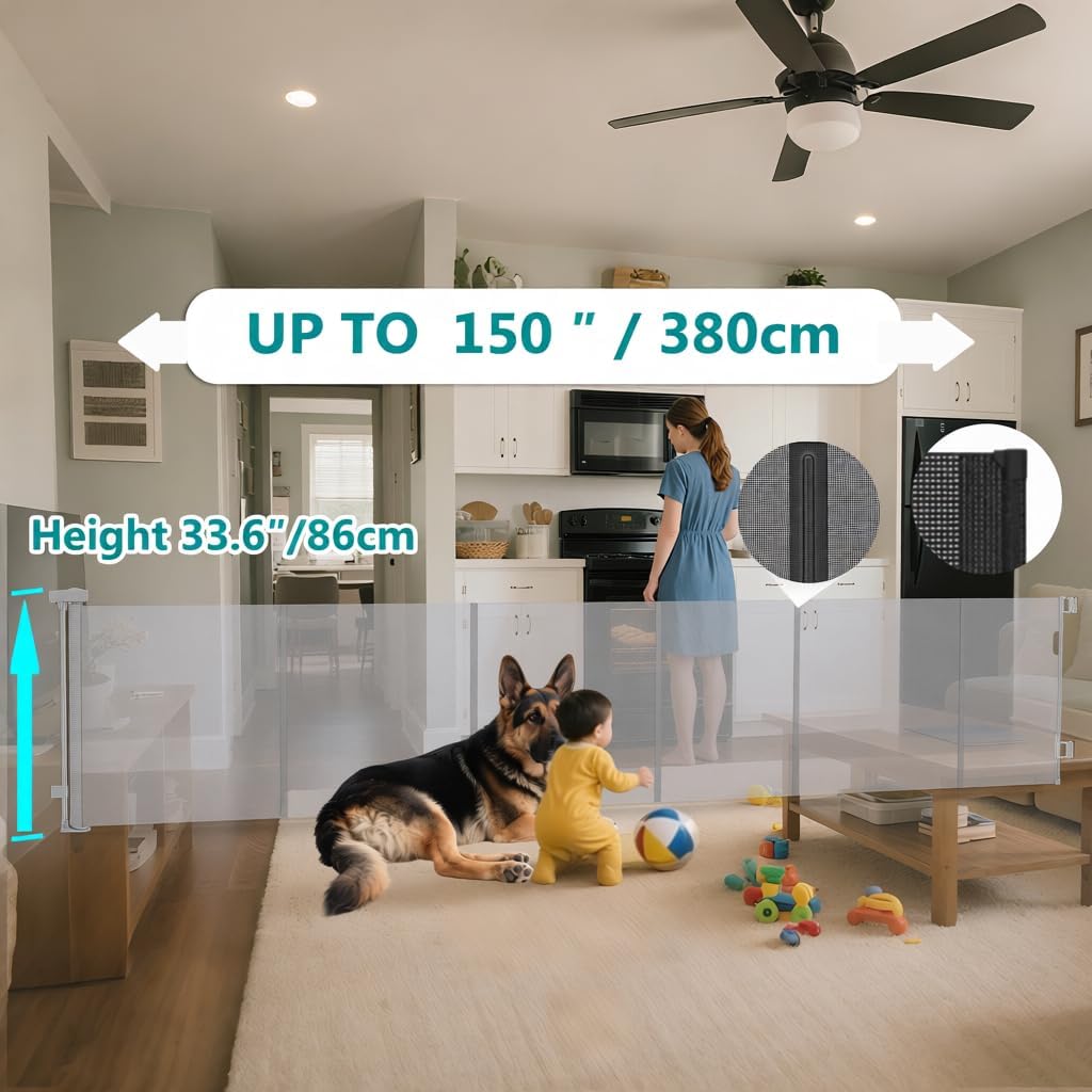 150 Inch Extra Wide Retractable Baby Gate,Mesh Baby Gate or Mesh Dog Gate,34" Tall,Child Safety Gate for Doorways, Stairs, Hallways, Indoor or Outdoor (Gray, 150''Wide 34''Tall)