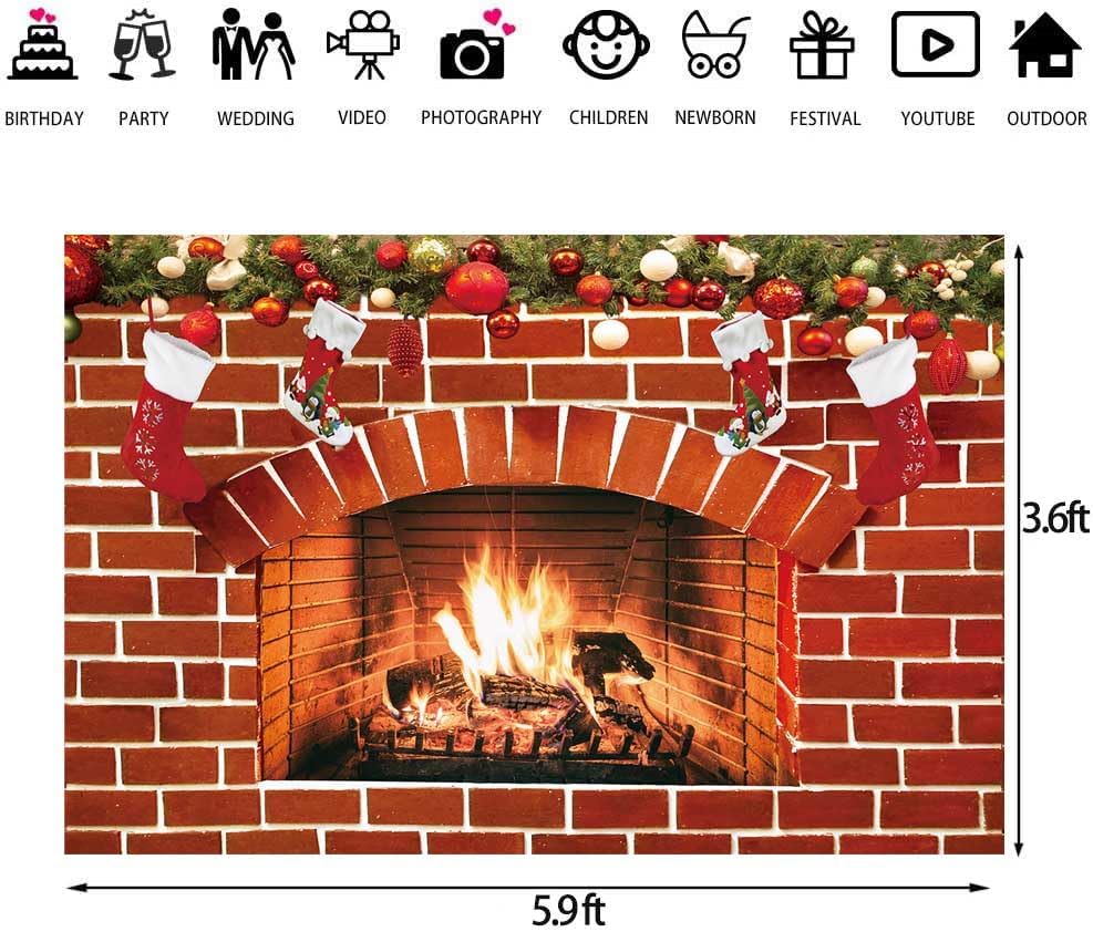 5.9x3.6ft Christmas Fireplace Backdrop for Photography Red Brick Wall Fireplace Christmas Sock Gift Background for Xmas Family Party Supplies Photo Props - Image 5