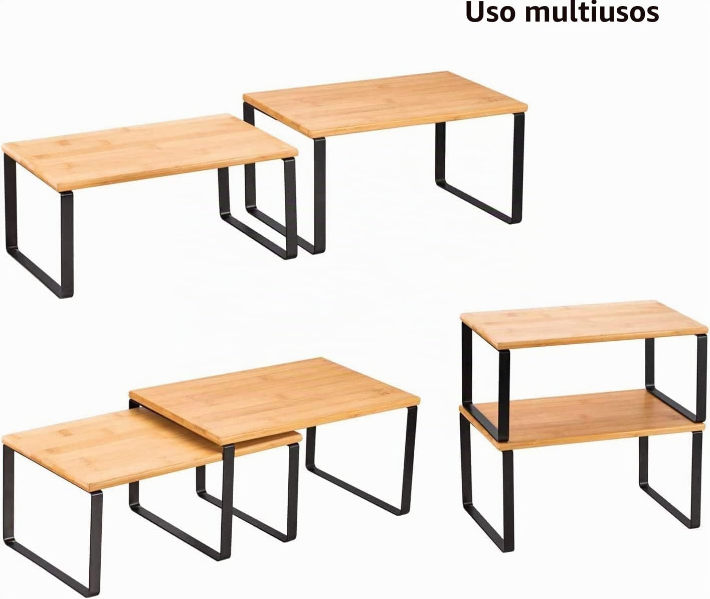 LIANTRAL Juego de 4 Estantes para Especias, Organizador de Mostrador Expandible, Estante de armarios Apilable, Estante de Almacenamiento de Cocina, Metal y Madera de Ingeniería, Natural/Negro
