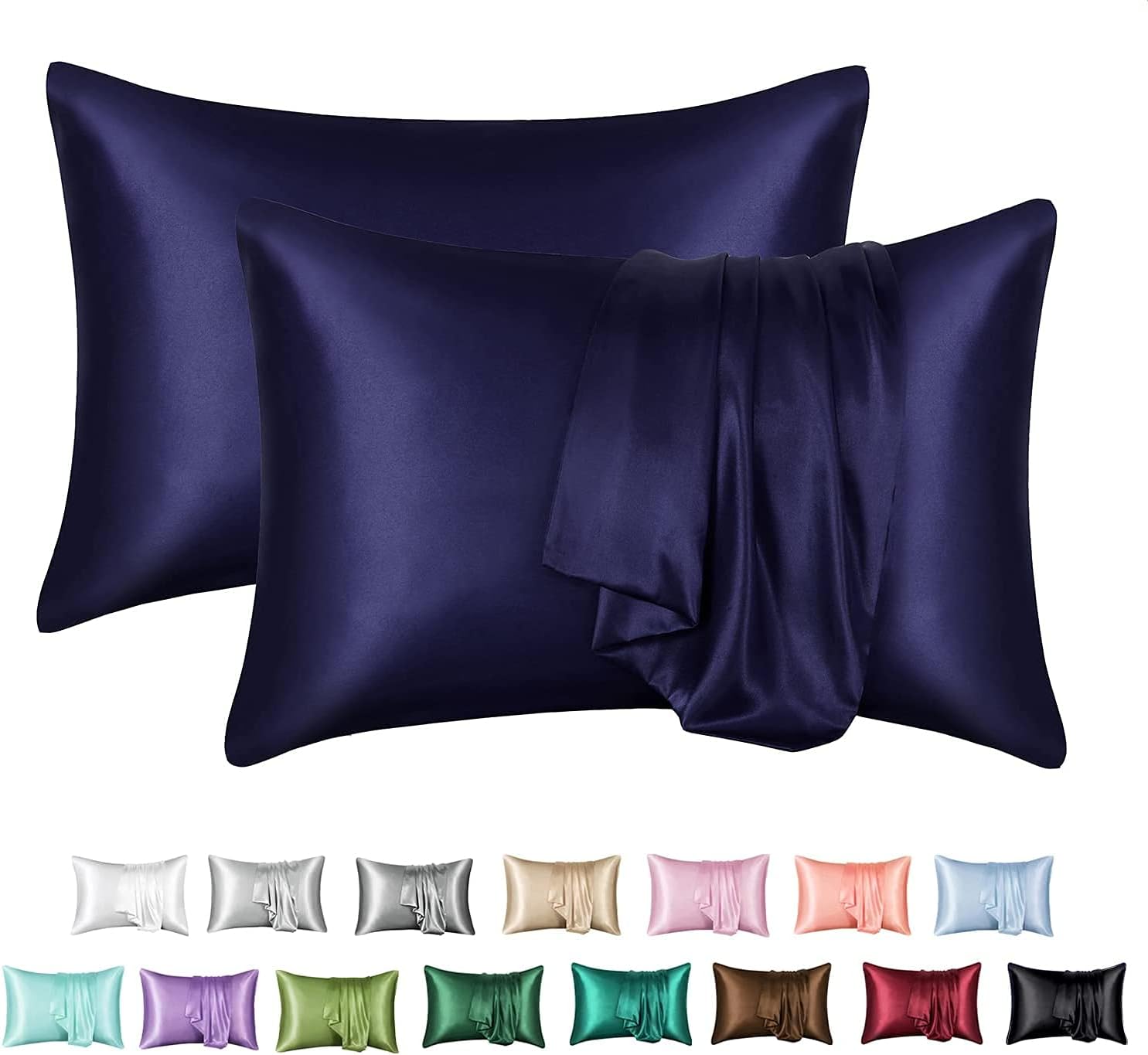 GirlsNCurls Satin Pillowcase for Hair and Skin, Silk Satin Pillowcase 2 Pack, Queen Size Pillow Cases Set of 2, Silky Pillow Cover with Envelope Closure ( DARKBLUE, 20x30 )