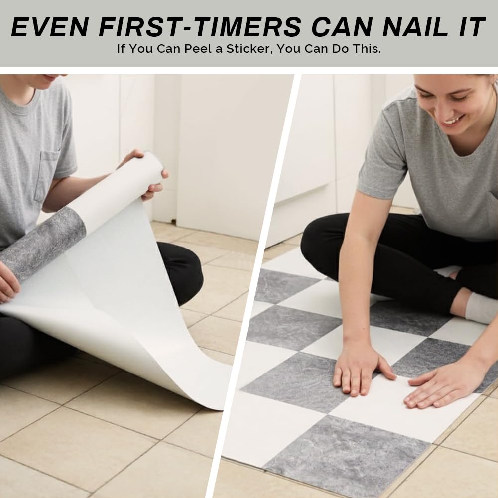 Checkered Peel and Stick Vinyl Flooring Roll – 15.7x 236 Matte Finish Self Adhesive Floor Paper with Wear Layer, Covers Old Floors, Quick Fix for Flooring Jobs, 1-Person Update for Kitchen, Bathroom