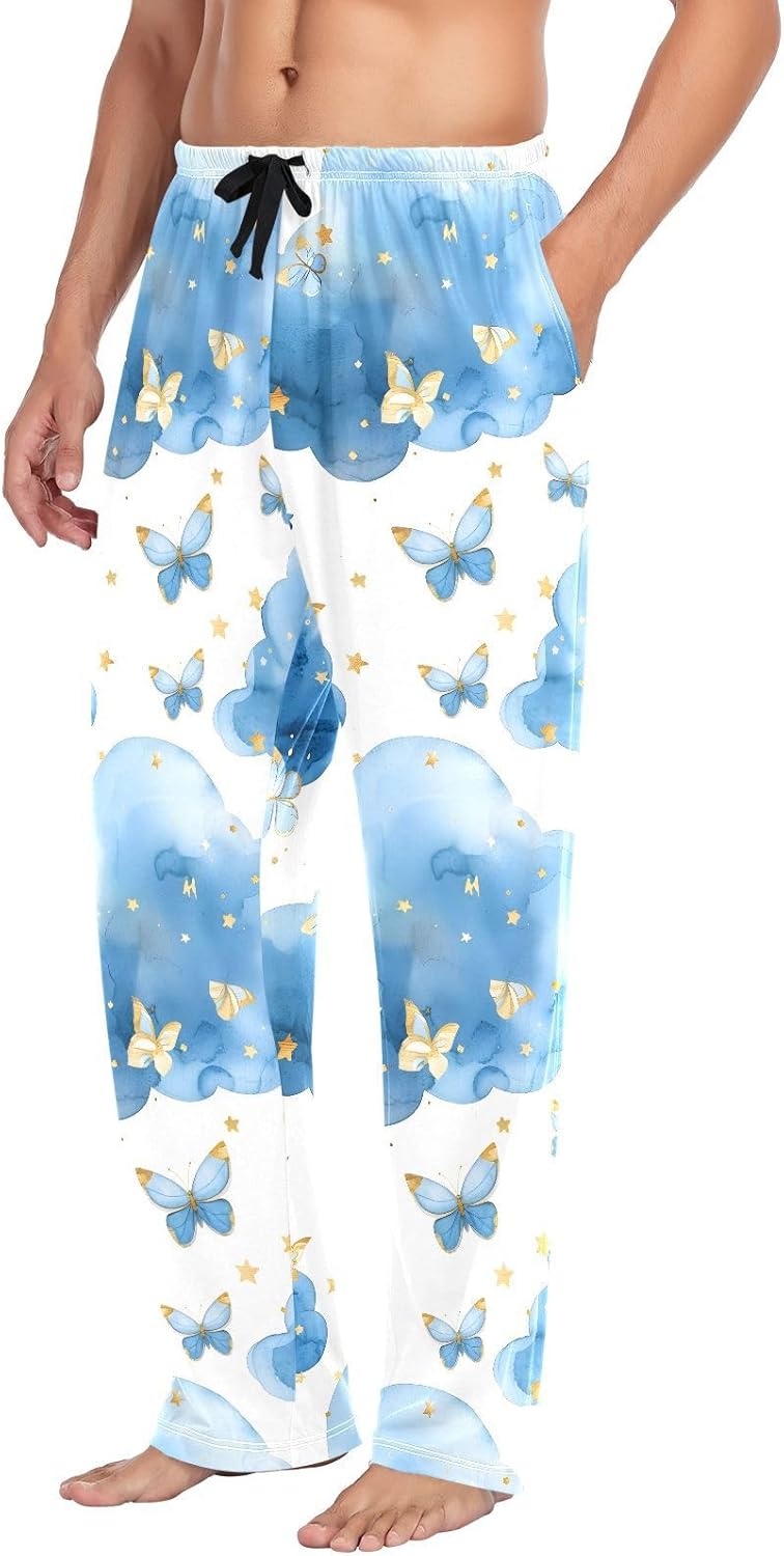 ALAZA Butterfly Stars Watercolor Men's Pajama Pants Men Cotton Pajama Bottoms with Pockets, S
