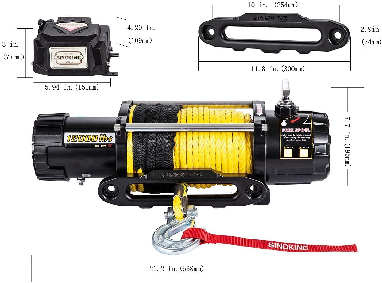 SINOKING 12V Electric Winch 12000lb Waterproof Synthetic Rope Offroad Winch with Wireless Remote Control for 4WD Vehicle : Industrial & Scientific