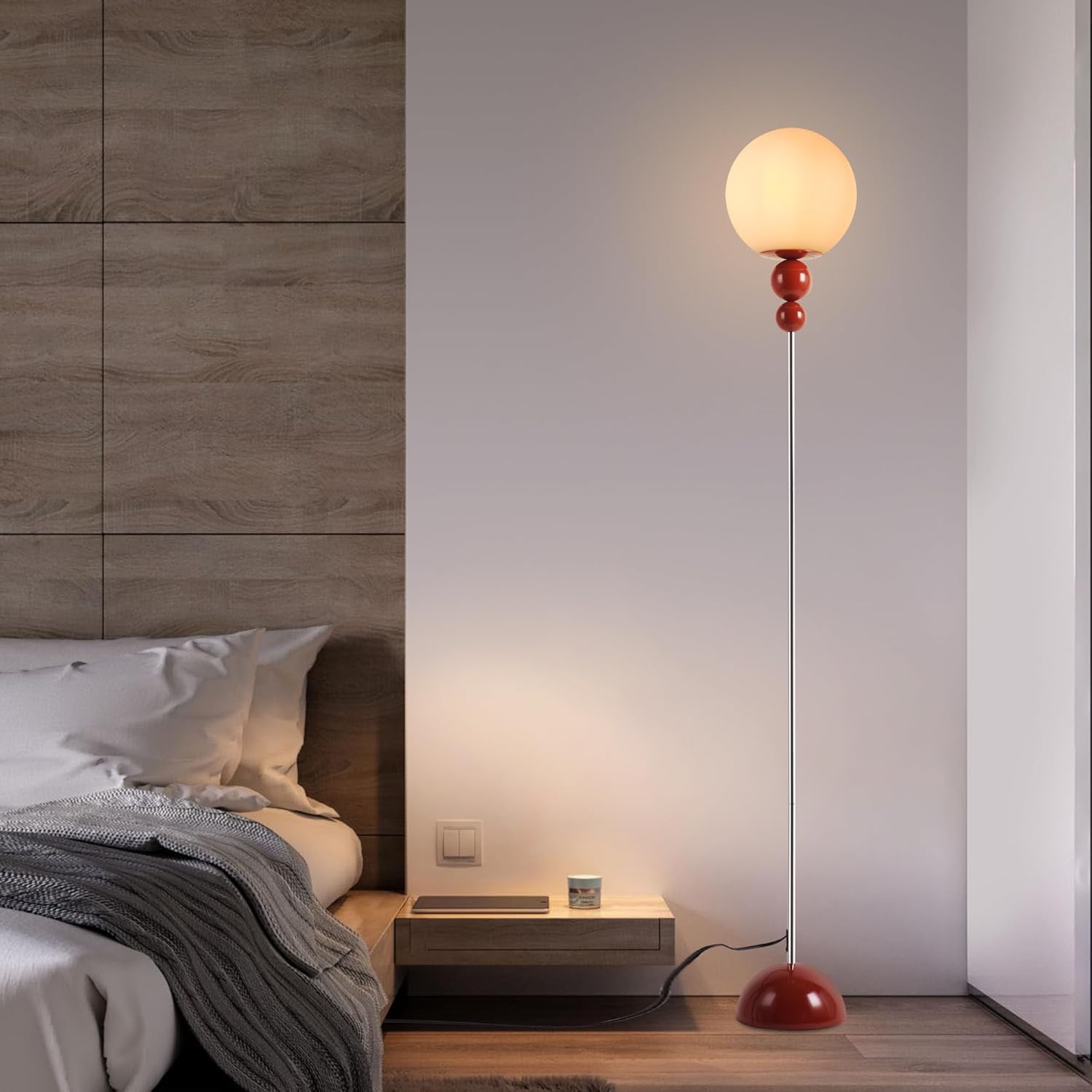 Alpinaluz Lampa Stojąca Czerwona E27 Kula Opalowa D24 cm Chrom Mid Century
